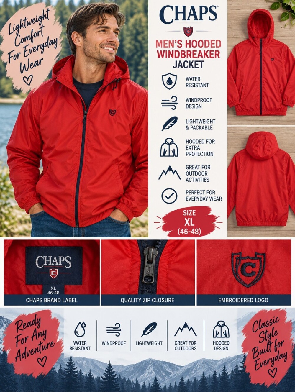 Chaps Men's XL red hooded zip up rain windbreaker jacket #35